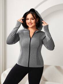 SHEIN Sports Plus Size Women's Long Sleeve Seamless Hooded Sports Jacket - Light Grey - View 1