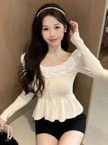 DAZY Women Sweaters Kontras Lace Ruffle Ruffle Hem Plain Casual - Aprikot - View 6