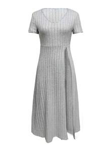 SHEIN LUNE Ladies' Sleeveless Ribbed Split Hem Long T-Shirt And Pants Two-Piece Set