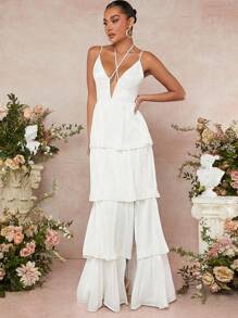 L'Amorae Tiered Ruffle Crisscross Backless Cami Dress - White - View 3