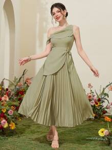 Modelyn Ladies' Solid Color Asymmetric Neckline Pleated Dress - Green - View 1