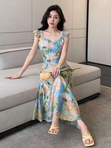 DAZY 女士花卉印花盖袖喇叭连衣裙 - 彩色 - 查看 3