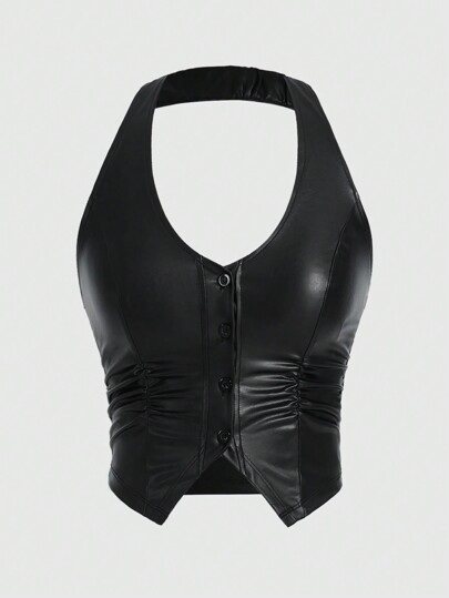 Hippie Débardeur À Col Halter en PU Pour Femme De Couleur Unie