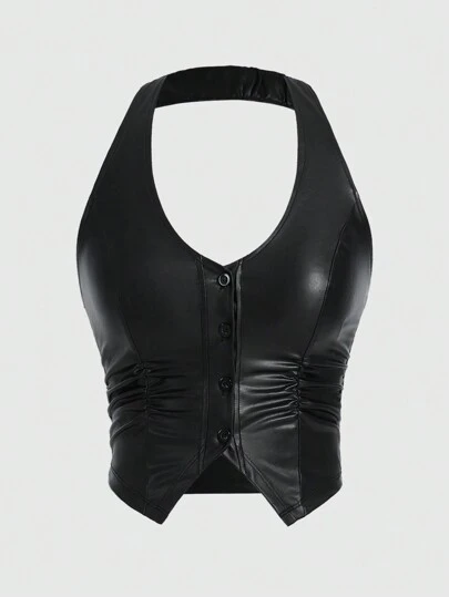 ROMWE Hippie Enfärgad Kpop Pu-läderlinne med halterneck för kvinnor