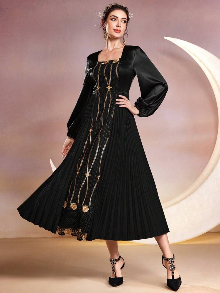 Lantern Sleeve Women's Pleated Hem A-Line Dress Long Evening Dresses