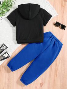 SHEIN 年輕男孩休閒鬆身遊戲手柄印花短袖連帽衫和帶束腰運動褲套裝 - 藍色 - 查看 2
