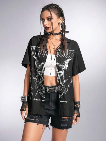 Grunge Punk Chemise Ample À Boutons Avant Imprimée Étoiles Et Lettres, Style De Rue À Encolure En V