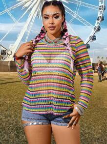 SHEIN LUNE Plus Size Women's Colorful Striped Music Festival Top - Multicolor - View 4