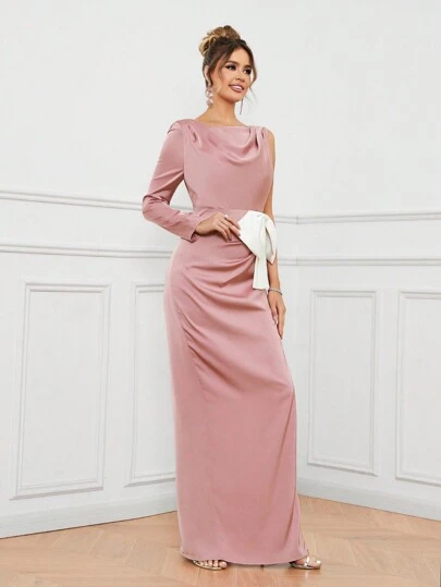SHEIN Belle One Shoulder Long Sleeve Dress With Bow Decoration, Draped Neckline And High Slit For Women's Evening Party Dress (Premium Edition)