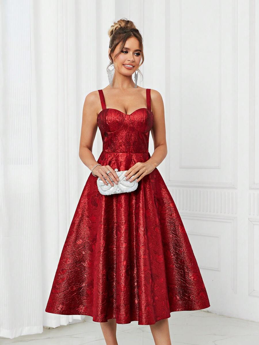 SHEIN Belle Elegante y romántico vestido de satén de jacquard rojo con taza de pecho, estilo de espiga apretado en la espalda, cordones, línea A para fiesta, tiempo de banquete, graduación, cóctel nocturno, vestido de graduación, vestido semiformal, vestido de invitado de boda - Rojo - Ver 1