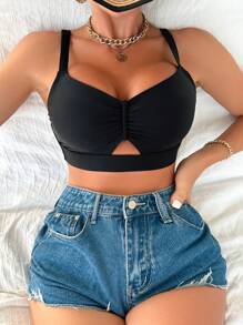 Swim DD+ Women's Summer Beach Solid Color Ruffle Sexy Bikini Top - Black - View 7