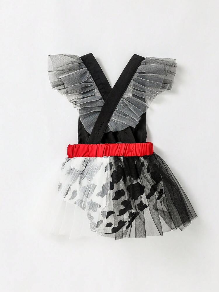 Street Style Baby Girl Outfit With Black & White Polka Dot Print Mesh Ruffle Strap Triangle Shorts, Cute, Stylish And Elegant For Spring And Summer