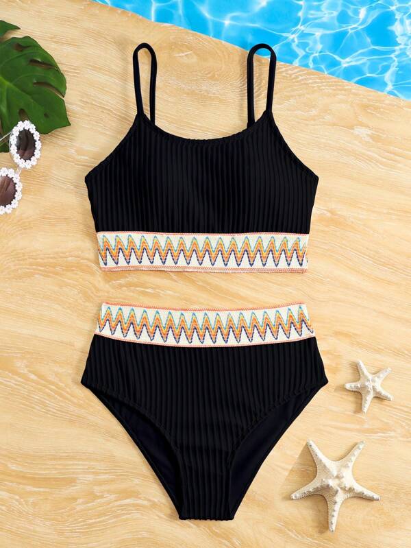 Teen Girl Teen Bandage Patchwork Texturat Bikini Set Summer Beach