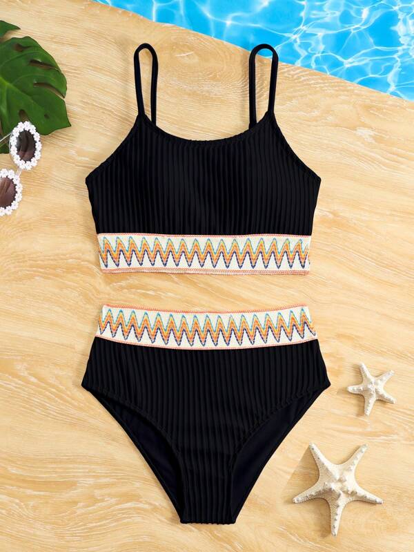 Teen Girl Woven Bandage Patchwork Textured Swimsuit Set