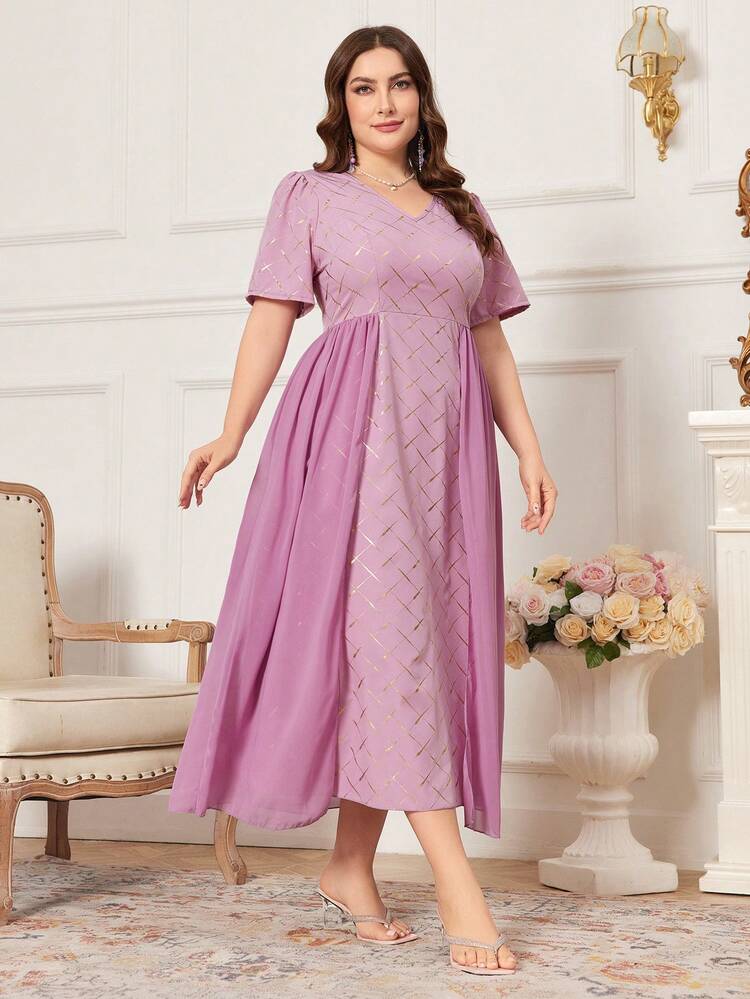 Plus Size Solid Color V-Neck Dress Long Evening Dresses