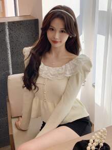 DAZY Women Sweaters Kontras Lace Ruffle Ruffle Hem Plain Casual - Aprikot - View 2