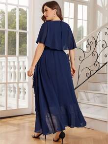 Plus Lace Butterfly Sleeve Chiffon Ruffle Trim Formal Party Long Dress - Navy Blue - View 2