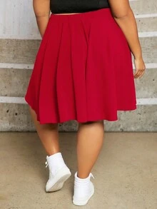 SHEIN CURVE+ 大尺碼純色時尚百褶裙 - 紅色 - 查看 7