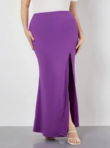 SHEIN BASICS Mode Damenhosenrock Große Größen Mit Schlitz Und Einfarbige - Rot-violett - Übersicht 1