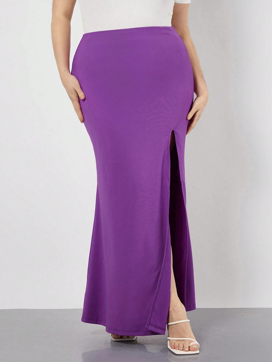 SHEIN BASICS Mode Damenhosenrock Große Größen Mit Schlitz Und Einfarbige - Rot-violett - Übersicht 1