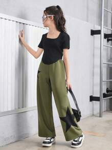 Tween Girl Sports Street Style Knit Solid Color Square Neck Short Sleeve Top And Knit Shorts Set - Army Green - View 3