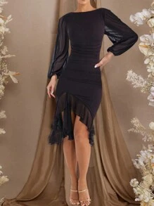 Women's Lantern Sleeve Asymmetrical Hem Ruffle Trimmed Dress - Dark Grey - View 1