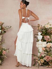 L'Amorae Tiered Ruffle Crisscross Backless Cami Dress - White - View 2