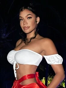 SHEIN SXY Damen Off-shoulder Crop Top Mit Kurzen Puffärmeln Und Elastischer Taille - Weiss - Übersicht 3