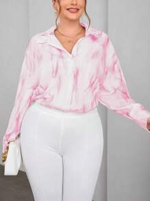 SHEIN Essnce 大尺碼女士印花縮絨長袖襯衫 - 粉色 - 查看 3