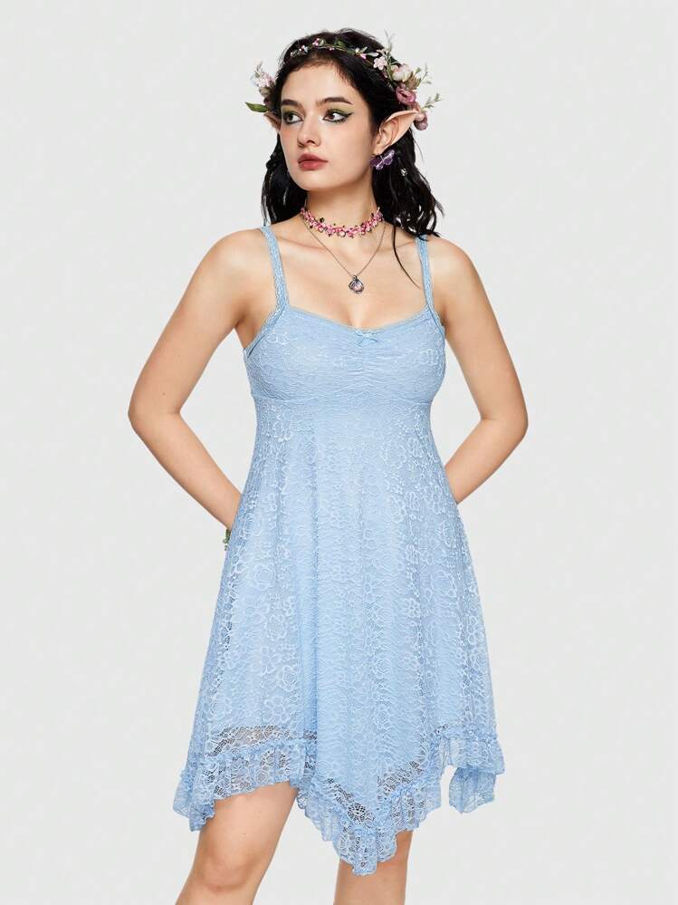 ROMWE Fairycore Ladies' Asymmetrical Hem Lace Fabric Dress - Blue - View 4