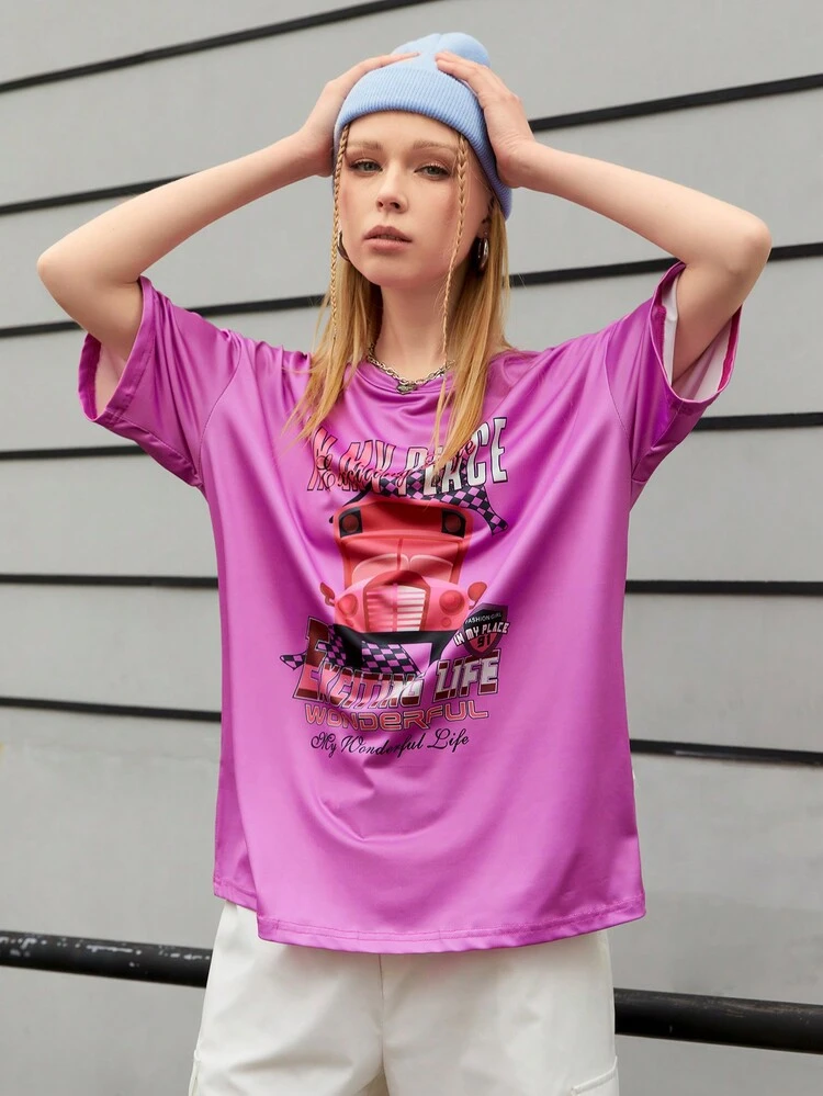 Women's Loose Fit Sports T-Shirt With Car Pattern Design