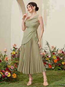 Modelyn Ladies' Solid Color Asymmetric Neckline Pleated Dress - Green - View 6