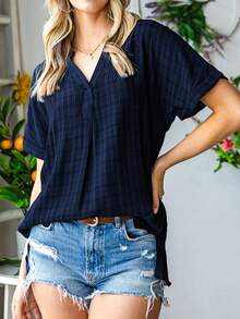 Women's V-Neck Loose Striped Top - Navy Blue - View 4
