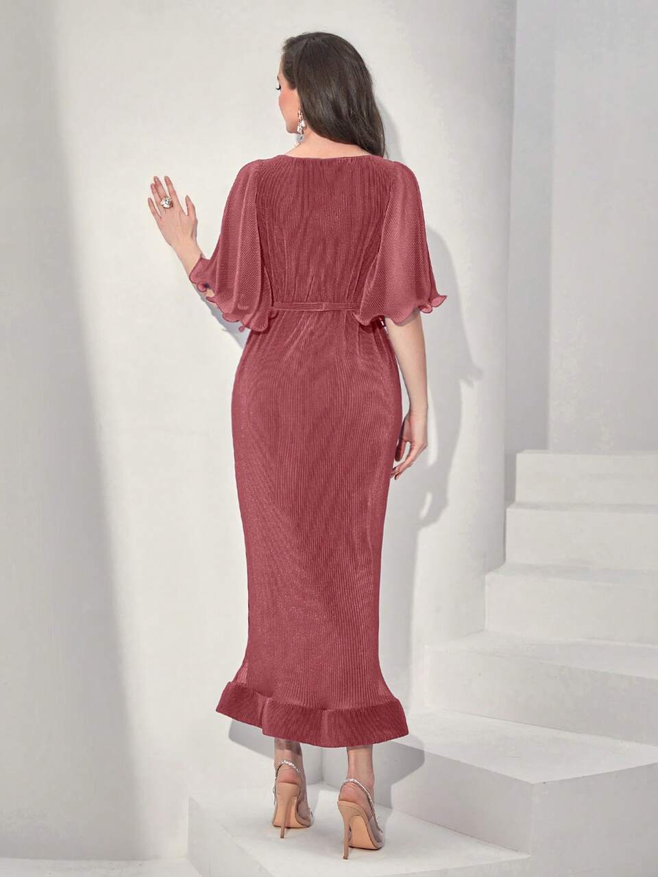 Women's Dress With Frill Edge And Bell Sleeves