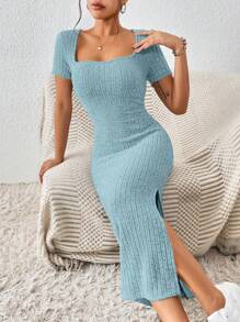 SHEIN Frenchy 女式方领修身高开叉方领纹理面料夏季连衣裙 - 淺藍色 - 查看 6