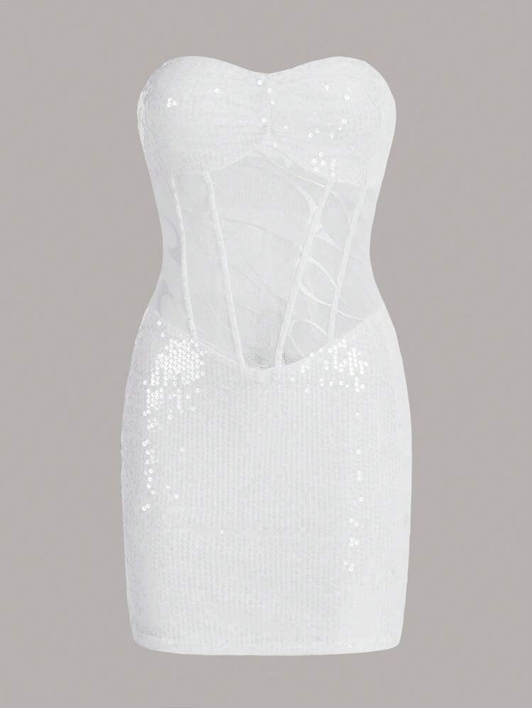 Patchwork Lace Bodycon Strapless Y2K Bodycon Off Shoulder Sequin Perspective White Mini Dress