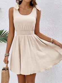 SHEIN Frenchy 女士無袖聚褶腰連身裙 - 杏色 - 查看 5