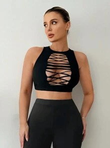 SHEIN SXY 圆领褶皱紧身露背吊带性感生日春夏女士约会派对单身派对镂空修身女士背心 - 白色 - 查看 1