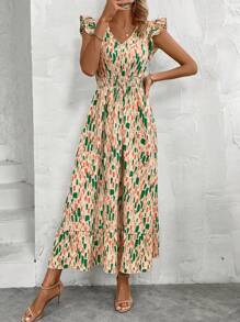 SHEIN LUNE Váy chữ A cạp cao tay lửng in họa tiết cho nữ - Màu be - Xem 5