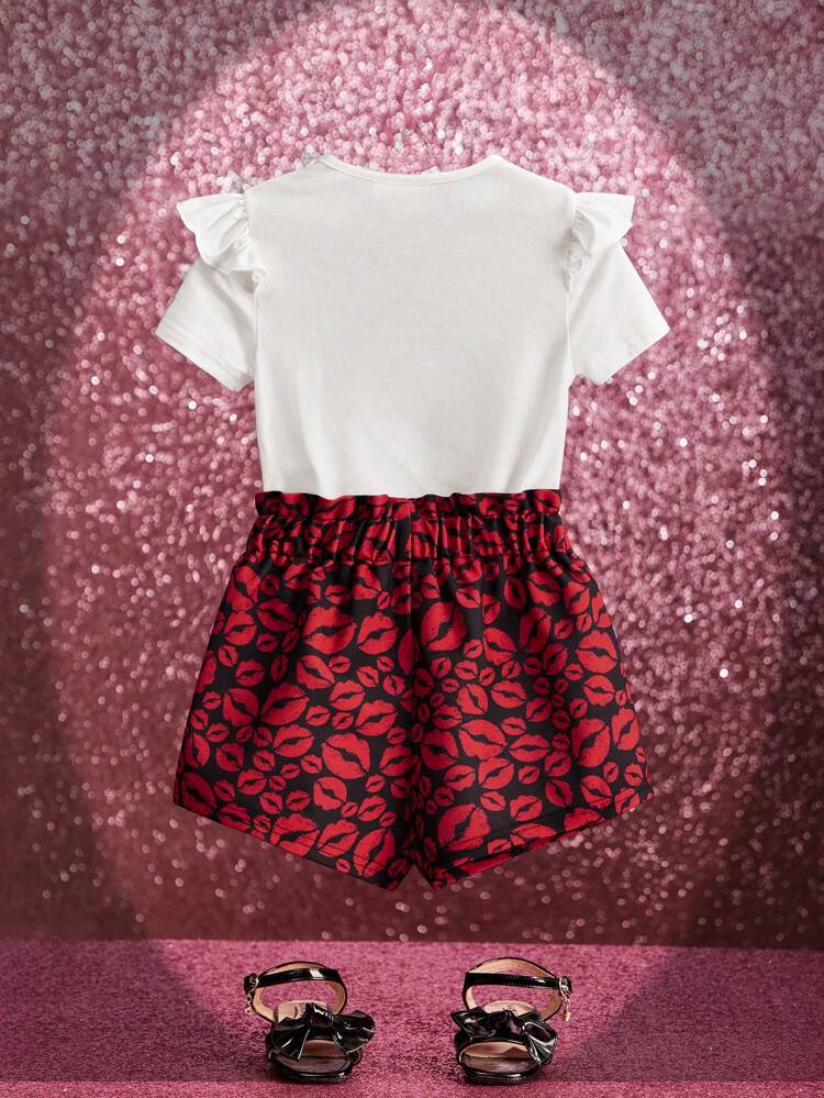 Young Girl Character Pattern Ruffle Trim Tee & Paperbag Waist Short Set