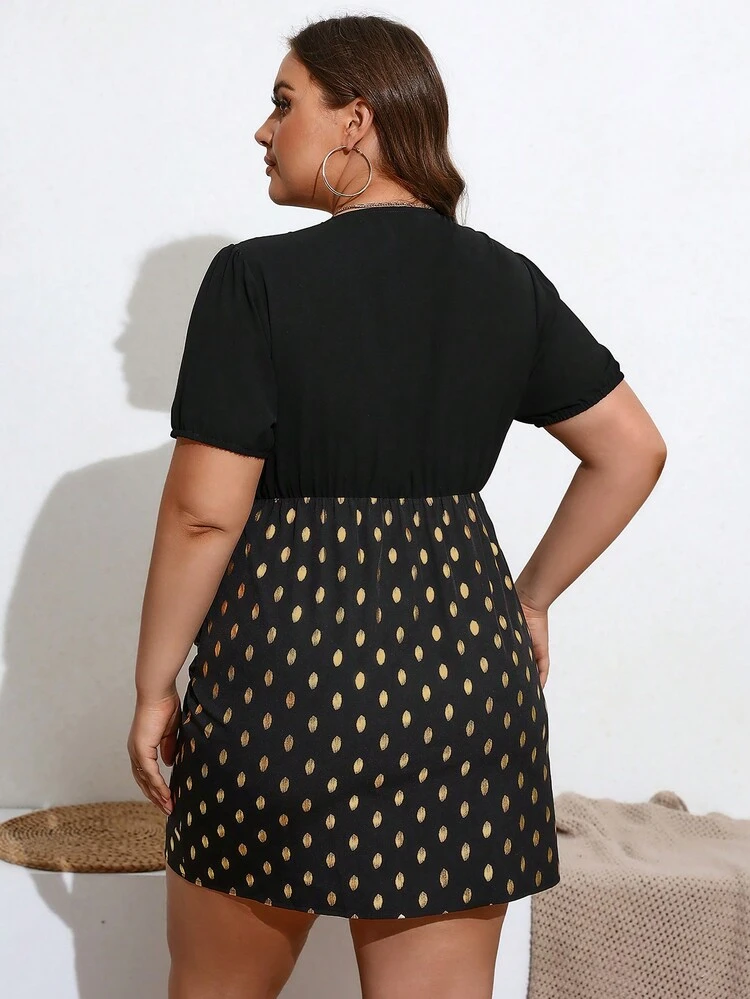 Plus Size Women's Wrap Style Polka Dot Printed Dress With Gold Foil Print