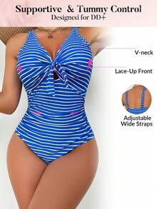 Swim DD+ 女士條紋單片泳衣,配有扭結前面板設計 - 彩色 - 查看 3