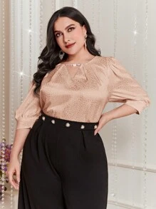 Modelyn Plus Size Ladies' Jacquard Puff Sleeve Shirt - Pink - View 4