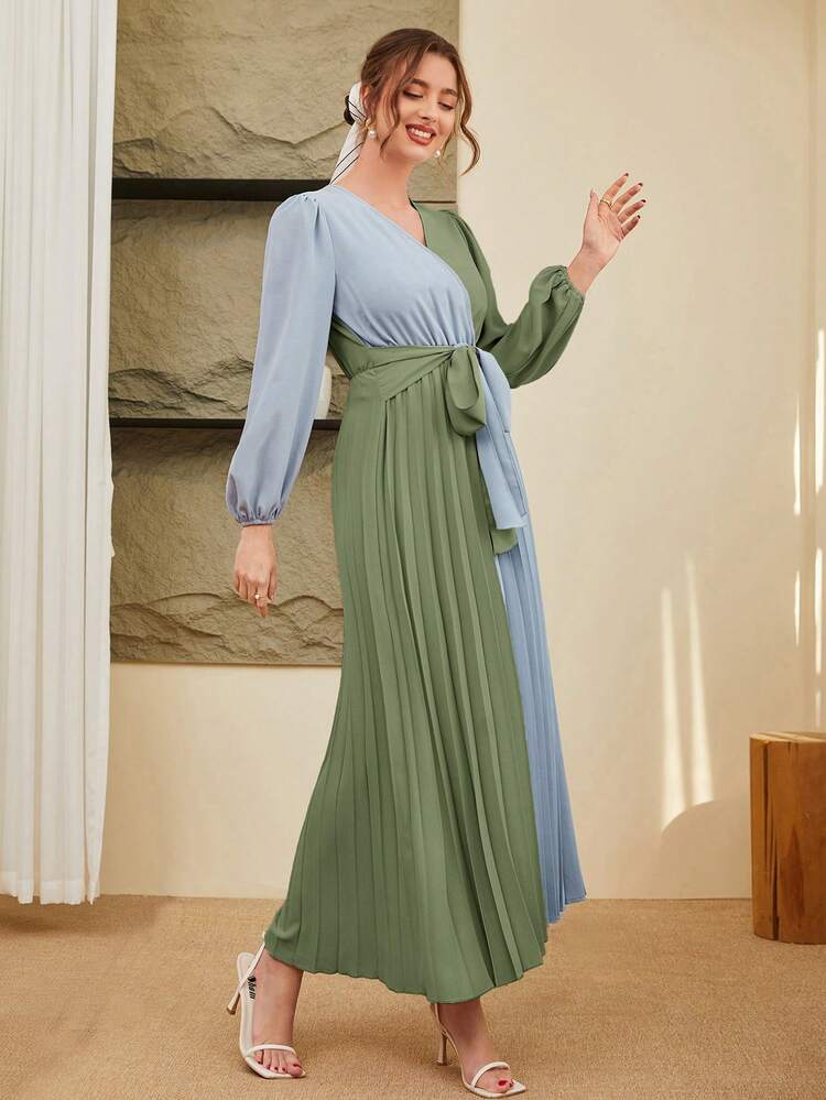 Women's Colorblock Lantern Sleeve Pleated Hem Arabic Style Dress