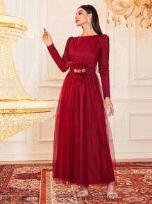 Modelyn Burgundy Red Women's Round Neck Bubble Long Sleeves Mesh Hem Abaya Dress,Elegant Evening Party Dress Long Evening Dresses - Burgundy - View 5