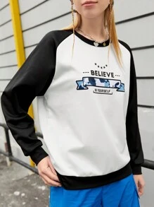 Streetz SHEIN Sport Color Block Letter Print Round Neck Sports Sweatshirt - Black and White - View 1