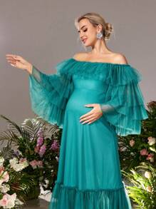 Maternity Off Shoulder Ruffle Trim Long Sleeve Formal Party Elegant Dress - Teal Blue - View 6