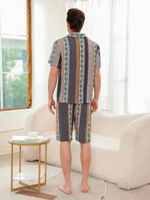 男士動物幾何印花短袖襯衫和短褲家居服套裝 - 卡其色 - 查看 2