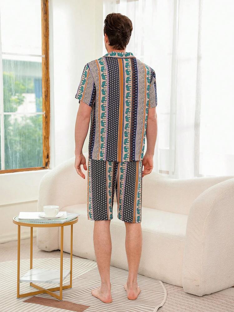 Men's Animal Geometric Printed Short Sleeve Shirt And Shorts Homewear Set
