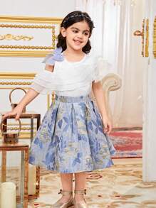 SHEIN Set aus 2 Teilen für Kleine Mädchen: Gerüschte Bluse mit Puffärmeln und Jacquard Rock